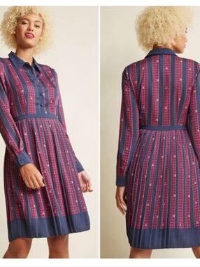 ModCloth Navy and Cranberry Long-Sleeve Striped Dress